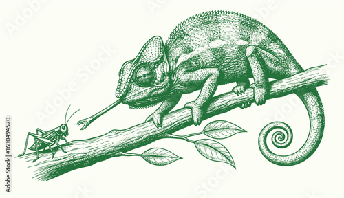 Vintage wildlife etching of chameleon, monochrome hand-drawn reptile line art, rustic fauna sketch, detailed nature illustration, old engraving style, trendy nature artwork, intricate black sketch