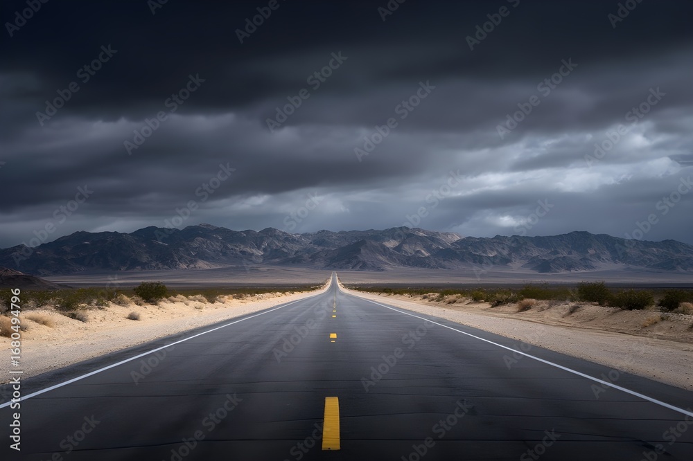 Naklejka premium Embark on an endless journey along a desert highway, a vanishing-point travel photograph.