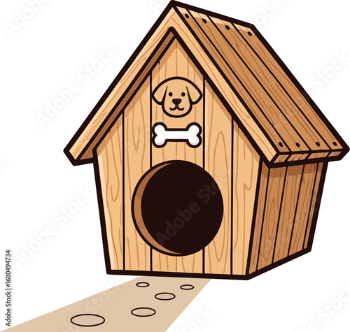 Cute Wooden Doghouse Icon with Bone and Round Entrance Vector illustration