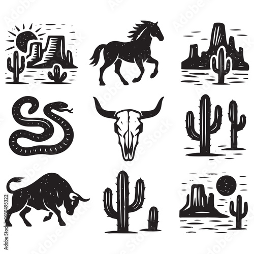 Linocut western boho set vector silhouette