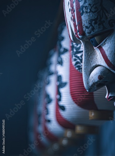 Close-up of Japanese-style masks,  with decorative lanterns in the background, focused on the masks, dramatic lighting
