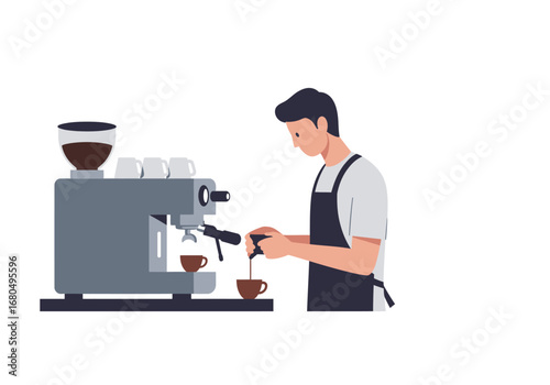 A barista uses an espresso machine preparing two cups of coffee