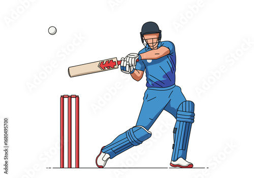 A cartoon cricketer wearing blue gear batting wicket  ball shown