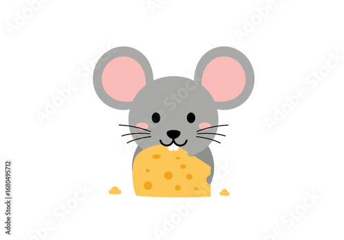 A cartoon mouse eats cheese with large round ears and black eyes