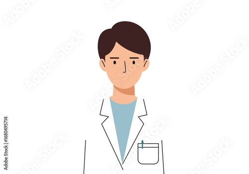 A cartoon doctor with brown hair wearing a lab coat with a pen in its pocket