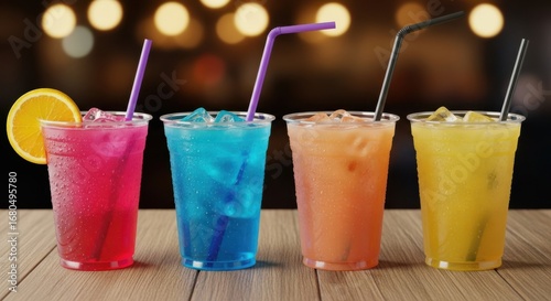 Four colorful iced drinks in plastic cups with straws on a wooden table with blurred lights