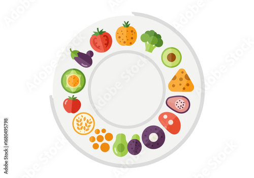 A colorful plate features an assortment of fruits vegetables and a piece of cheese in a circular arrangement
