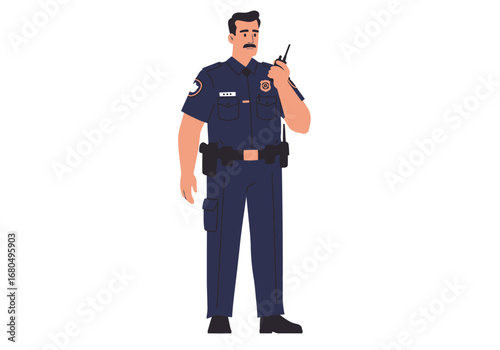 A flat illustration of a police officer holding a radio in a blue uniform
