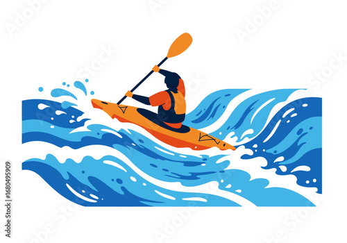 A kayaker paddles an orange kayak on stylized blue waves with a dark silhouette and orange paddle