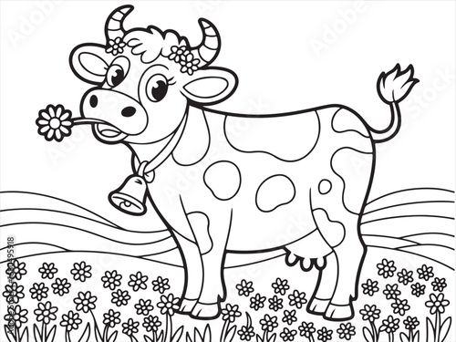 Illustration of a Playful Cow with Flower in a Field for Children's Art.