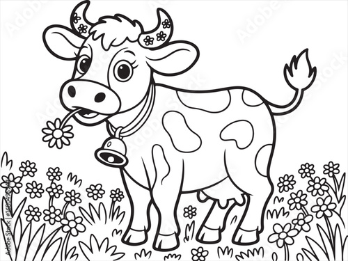 Cute Cartoon Cow with Flowers for Kids’ Coloring Books.