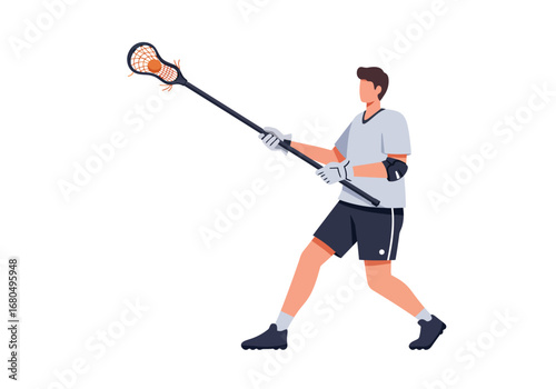 A lacrosse player poised for a throw gripping a stick with ball in net