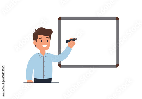 A man in a light blue shirt writes on a white board with a black marker