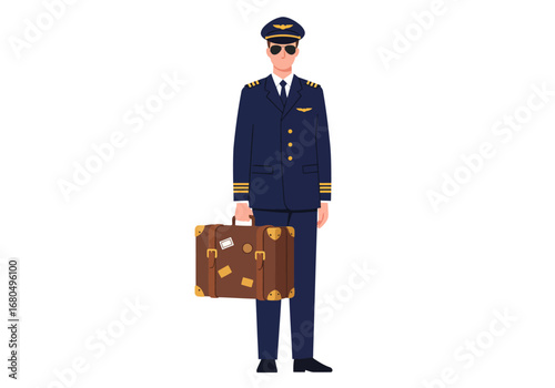 A pilot in uniform holds a suitcase