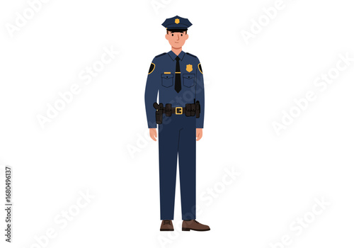 A policeman in uniform stands with a hat badge and belt with accessories on a white background