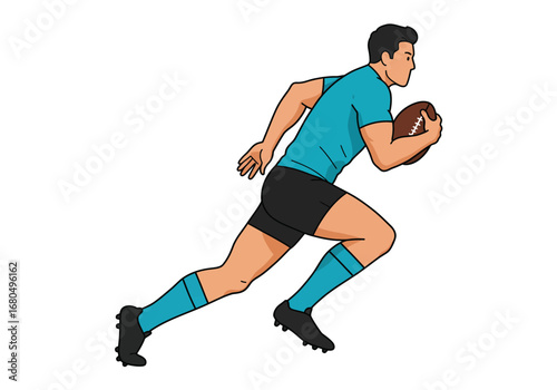 A rugby player runs with the ball wearing blue jersey black shorts and shoes