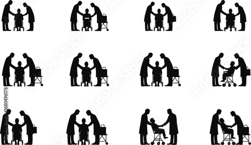 Doctor silhouette with patient in wheelchair, healthcare support, medical assistance, nurse care, rehabilitation treatment, hospital consultation, disability healthcare, patient recovery