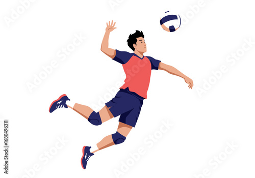 A volleyball player leaps to strike the ball in a dynamic illustration