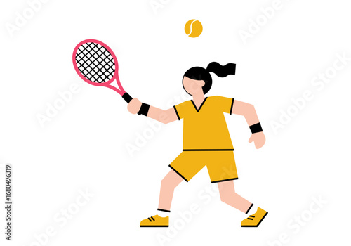 A woman in a yellow tennis outfit is about to hit a tennis ball with a pink tennis racket
