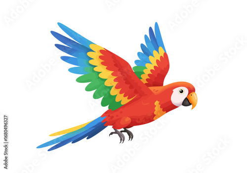 A vibrant cartoon macaw soars with its colorful plumage prominently displayed