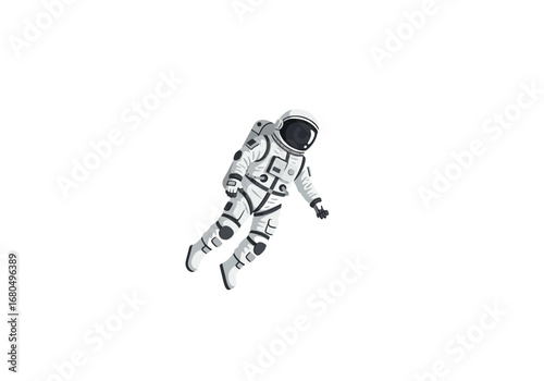 An astronaut floating in a white space suit on a blank white background