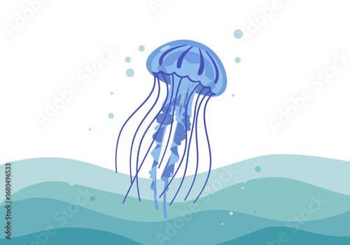 Blue jellyfish swims amidst bubbly water waves in a simplistic illustrated style
