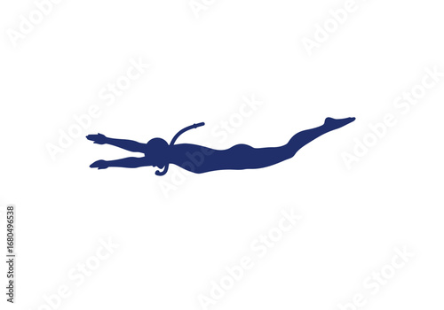 Blue silhouette of a person snorkeling arms outstretched body streamlined against a white background