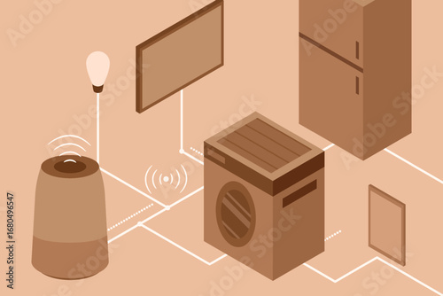 Isometric illustration of a smart home ecosystem with speaker, bulb, TV, fridge, washer, and tablet linked wirelessly.
