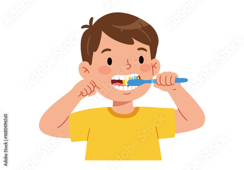 Boy in yellow shirt brushes teeth with blue toothbrush eyes open hands near face