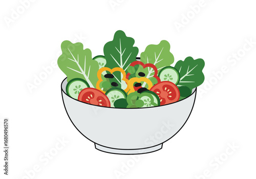 Bowl of salad with lettuce tomato cucumber bell pepper and black olives