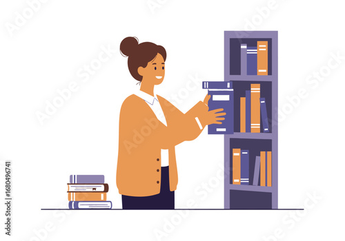 Cartoon of a woman shelving a book near a stack and a bookcase