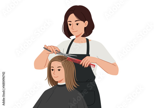 Cartoon of a stylist cutting a clients hair with scissors and a comb in a salon