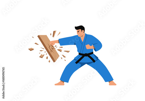 Cartoonstyle karateka breaks board midair dynamic scene