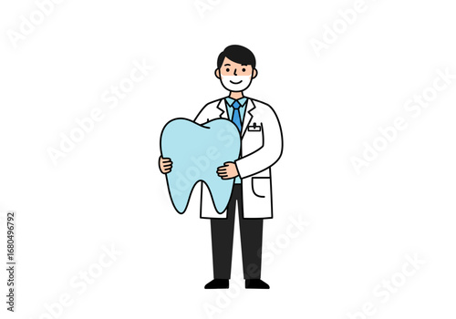 Dentist holds a large tooth He is wearing a lab coat and mask