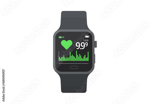 Gray smartwatch display with a green heart graphs 999 time and battery icons on a white background