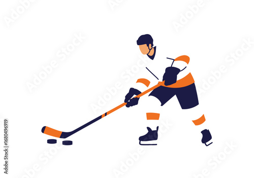Hockey player with stick poised to hit two pucks on a white surface