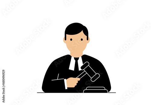 Illustration of a judge in black robes holding a gavel with a minimalist style