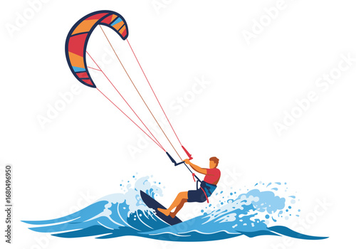 Kite surfer riding a wave with a colorful kite showcasing an active water sport scene
