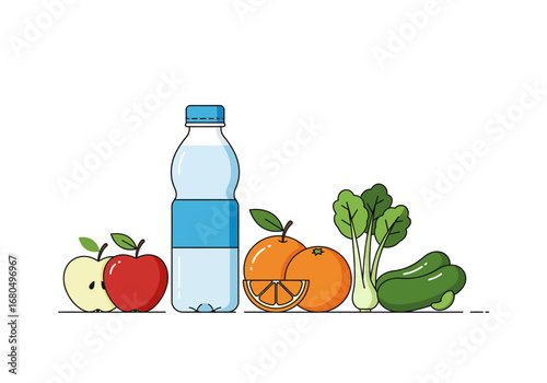 Line art with two apples water bottle two oranges green leafy vegetables and two green peppers