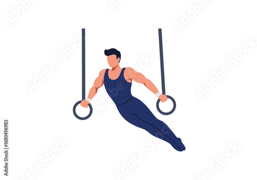 Man on gymnastic rings with blue singlet facing right