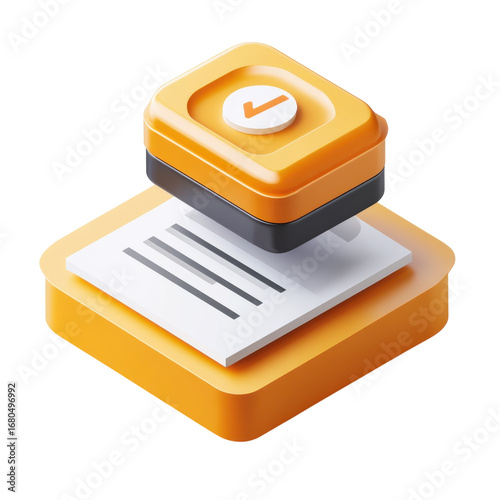 3d rendering of a rubber stamp with a checkmark on a document symbolizing approval and validation in a modern minimalist style illustration on transparent background