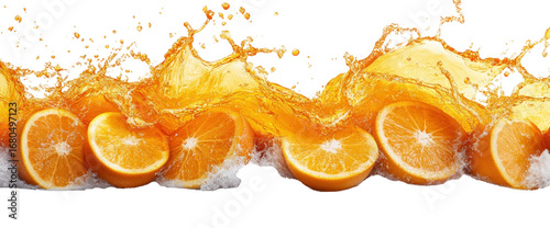 Vibrant Orange Liquid/Paint/Slush/Wine with Oranges Splash with Splatters on Isolated Background