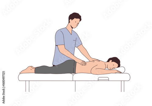 Person receiving a massage lying on a massage table while a masseur applies pressure to their back