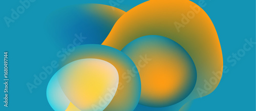 Abstract shapes overlap, creating vibrant color blends. Blue, orange, yellow hues dominate composition. Smooth gradients define forms.
