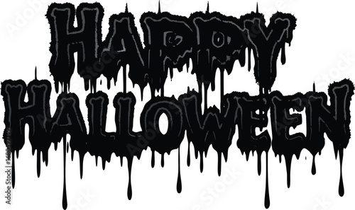 Vector art of happy Halloween text with dripping effect, resembling melted or bloody letters isolated on white background.