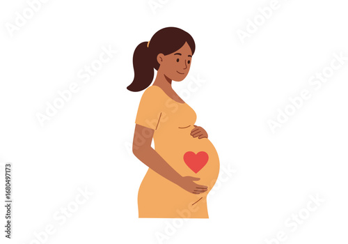 Pregnant woman in an orange dress holds belly with heart symbol ponytail smiling