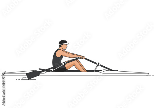 Rower with oars in a racing shell on water wearing a visor