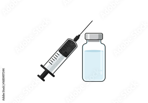 Syringe leans against a clear vial containing a light blue liquid set against a plain white backdrop