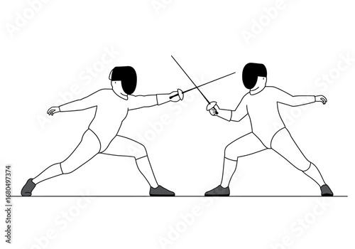 Two fencers in white uniforms duel with foils against a blank backdrop