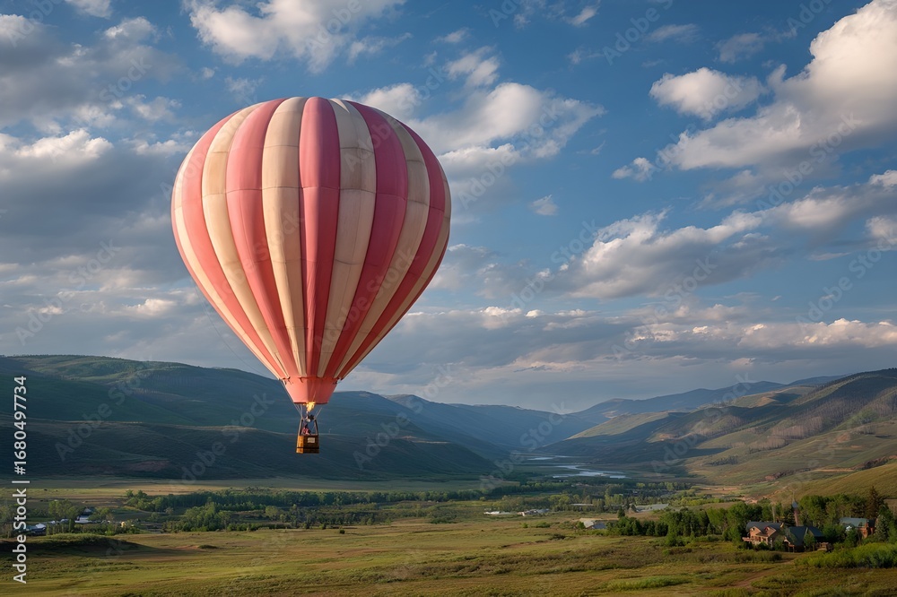 Fototapeta premium Soar high with a playful bubblegum-pink hot air balloon, adorned with whimsical stripes.